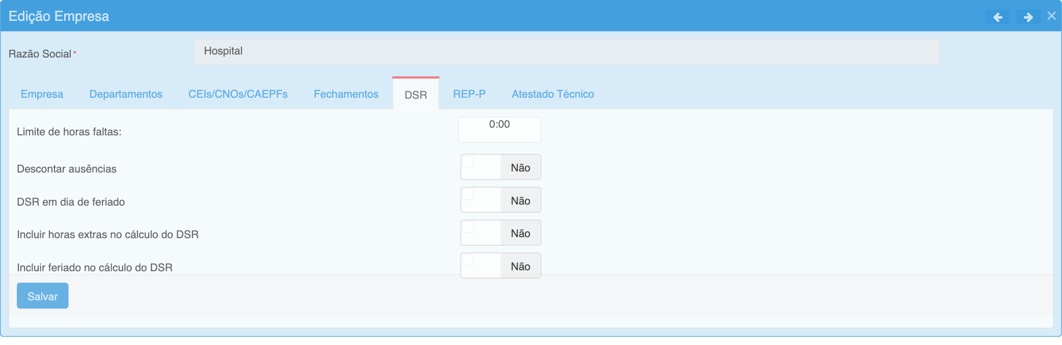 Cadastro de Empresa — aba DSR com campos de configuração do desconto de DSR